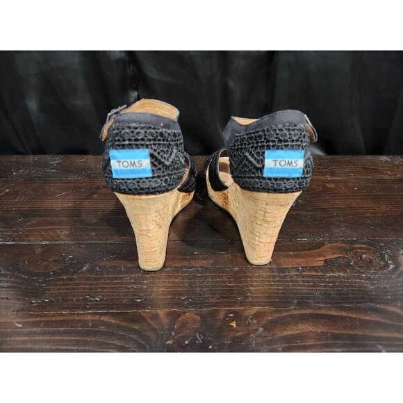 Toms Sienna Black Crochet Criss-Cross Cork Wedge Sandal/Sz. 9M - Picture 6 of 8